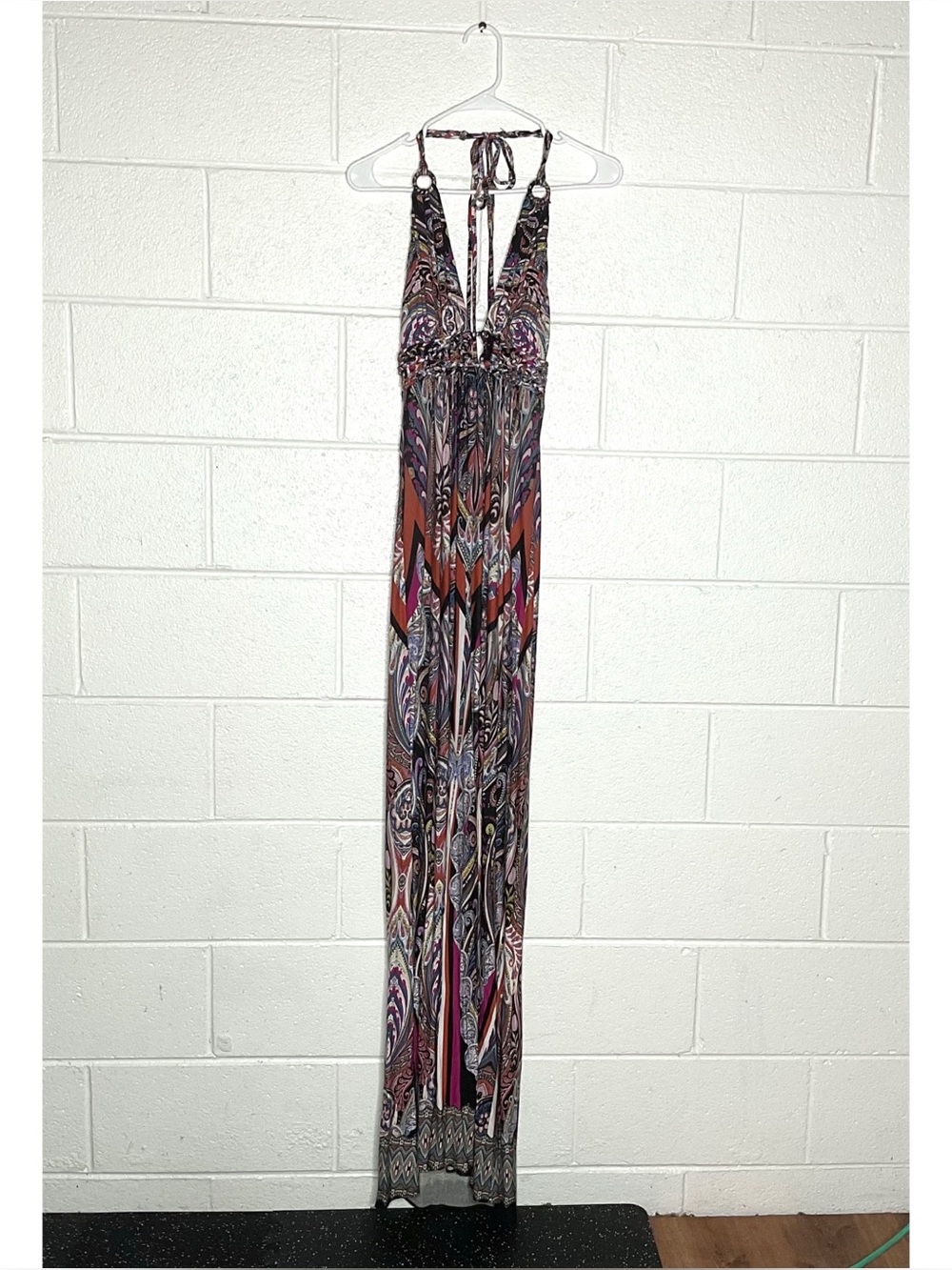 < Y2K “Sky” Mixed Pattern Halter Maxi Dress Size Medium >